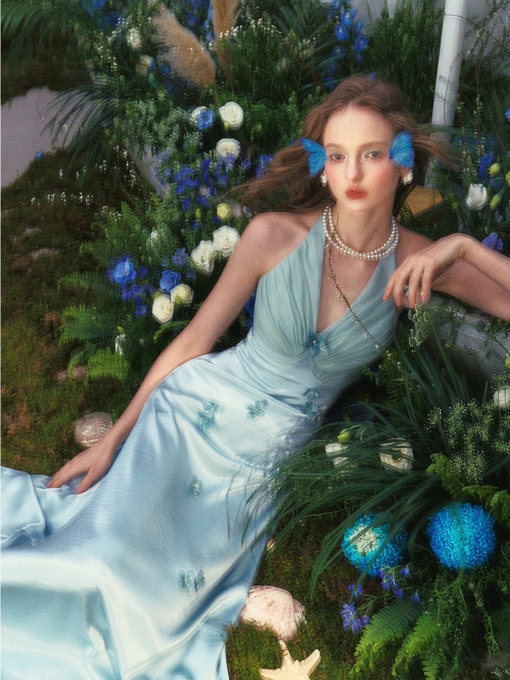 LaceMade Butterfly Pearl Dress Blue Satin Halter Gown NWT Size M